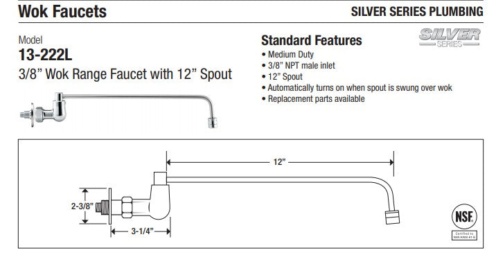 Krowne 13-222L 3/8" Wok Range Faucet with 12" Automatic Swing Spout - NSF Listed